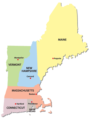 New England map, showing states and capital cities